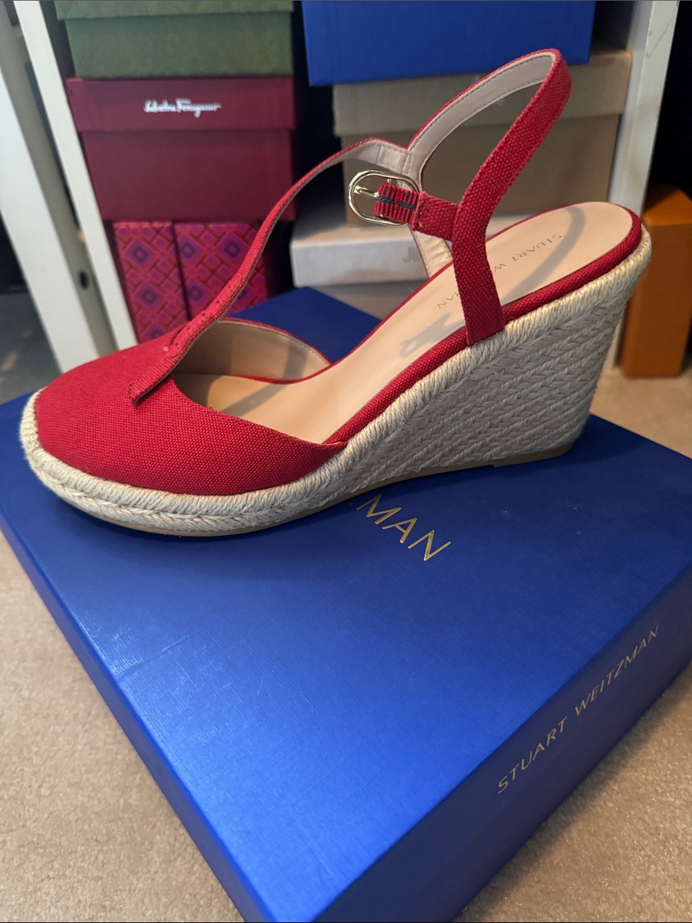 Stuart Weitzman Red Canvas Espadrille Wedge Slingback